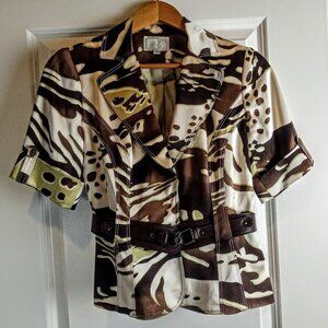 Alberto Makali Brown Camo Print Silk Belted Short Sleeve Blazer